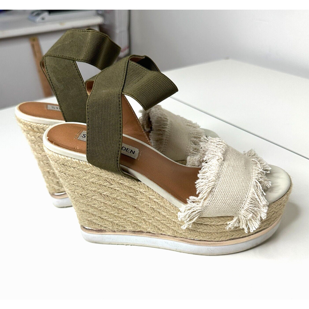 Steve Madden Venus Wedge Cream Beige Fringe Canvas Green Espadrille Wedges 5.5